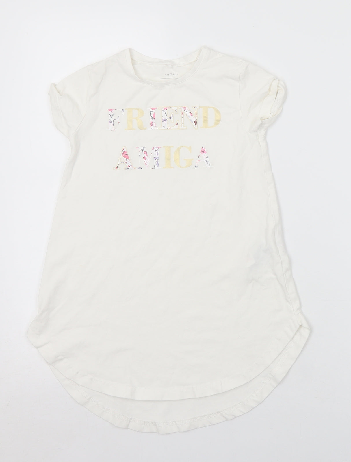 name it Girls White Floral Cotton Tunic T-Shirt Size 6 Years Crew Neck  - Slogan