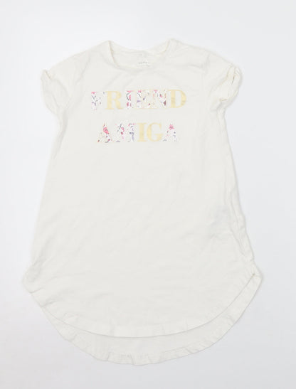name it Girls White Floral Cotton Tunic T-Shirt Size 6 Years Crew Neck  - Slogan
