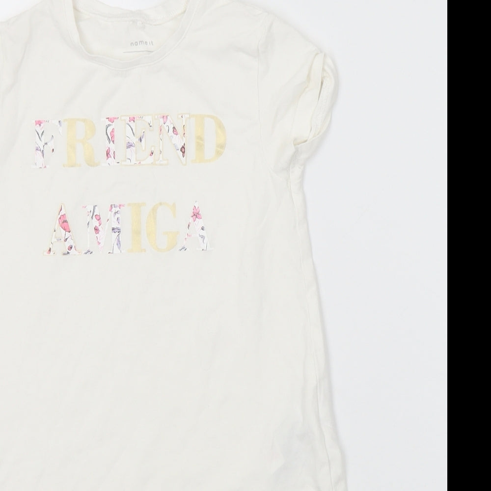name it Girls White Floral Cotton Tunic T-Shirt Size 6 Years Crew Neck  - Slogan