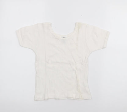 COCO Girls White  Cotton Pullover T-Shirt Size 6 Years Scoop Neck