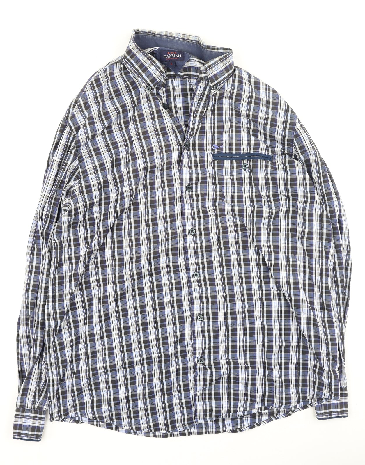 Oakman Mens Blue Plaid Cotton  Polo Size L Collared