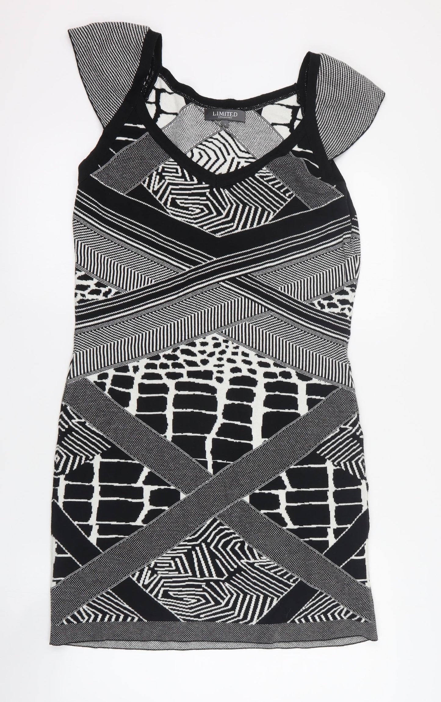 Limited Womens Black Geometric Acrylic Jumper Dress  Size 14  V-Neck Pullover