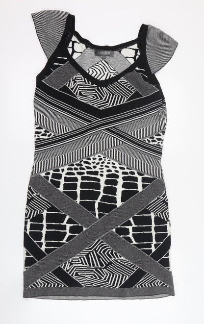 Limited Womens Black Geometric Acrylic Jumper Dress  Size 14  V-Neck Pullover