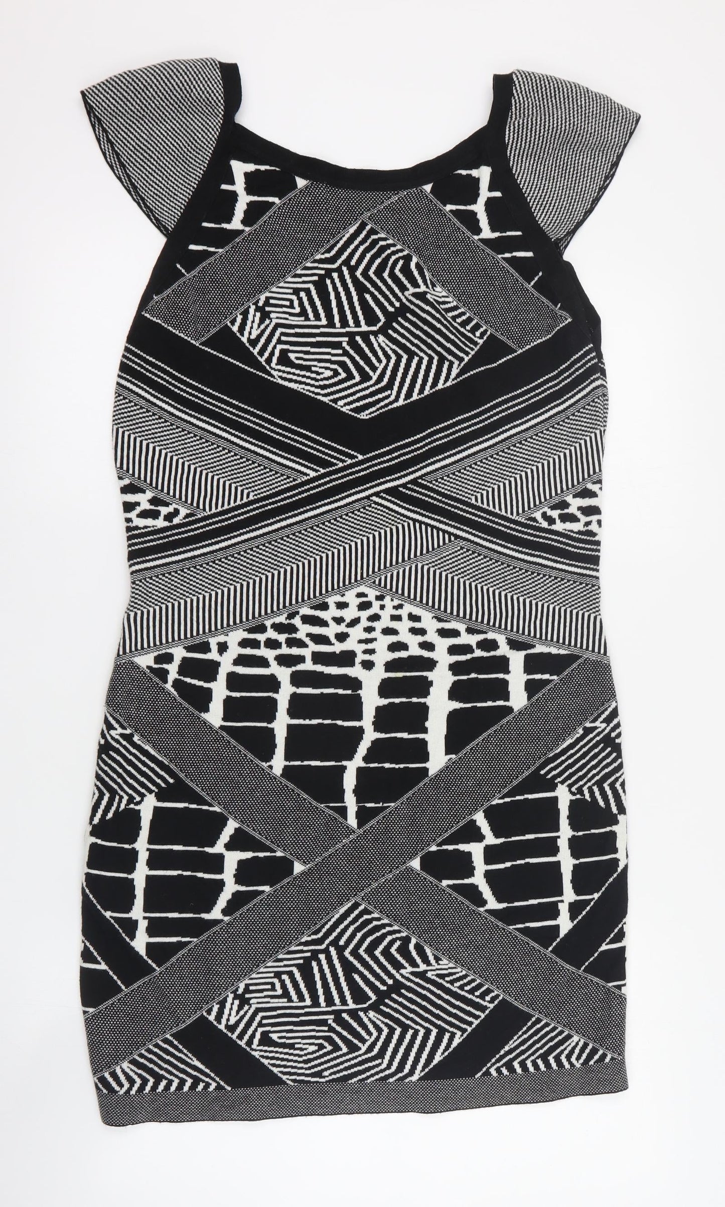 Limited Womens Black Geometric Acrylic Jumper Dress  Size 14  V-Neck Pullover
