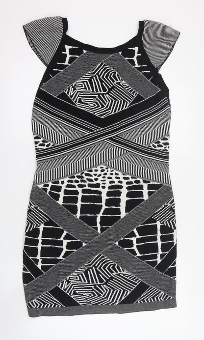 Limited Womens Black Geometric Acrylic Jumper Dress  Size 14  V-Neck Pullover