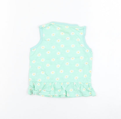 Primark Girls Green Floral Cotton Basic Tank Size 12-18 Months Round Neck Pullover - Daisy