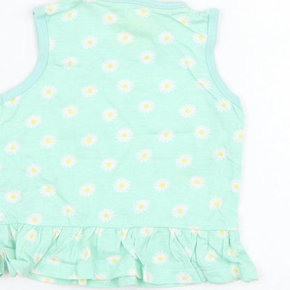Primark Girls Green Floral Cotton Basic Tank Size 12-18 Months Round Neck Pullover - Daisy