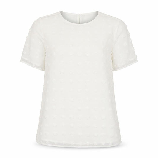 Front view of Blooming Jelly women’s white polyester tunic blouse, size S, round neck