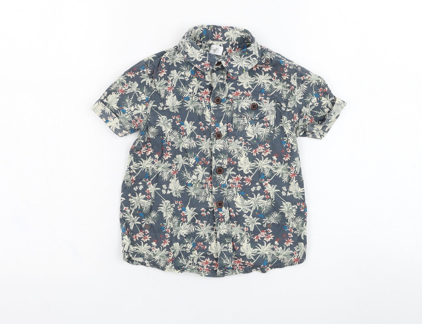 F&F Boys Green Floral Cotton Basic Button-Up Size 2-3 Years Collared Button