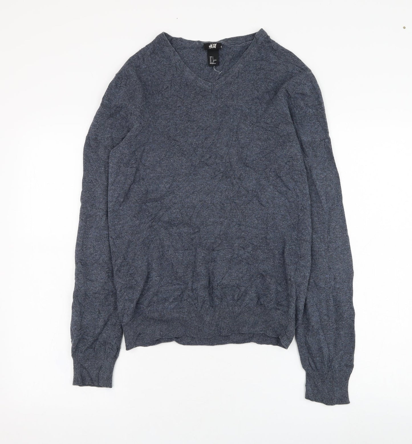 H&M Mens Blue V-Neck  Cotton Pullover Jumper Size S