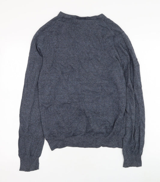 H&M Mens Blue V-Neck  Cotton Pullover Jumper Size S