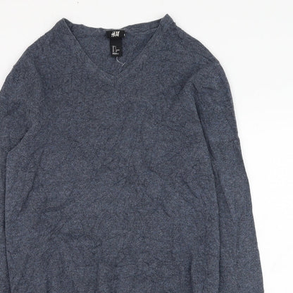 H&M Mens Blue V-Neck  Cotton Pullover Jumper Size S