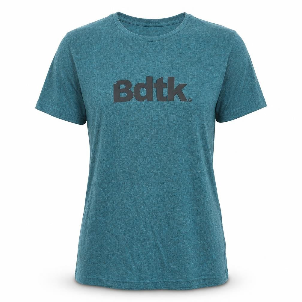 Front view of Bdtk women’s beige cotton basic t-shirt, size S, crew neck