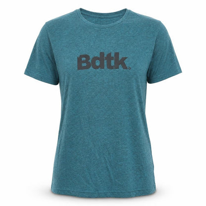 Front view of Bdtk women’s beige cotton basic t-shirt, size S, crew neck