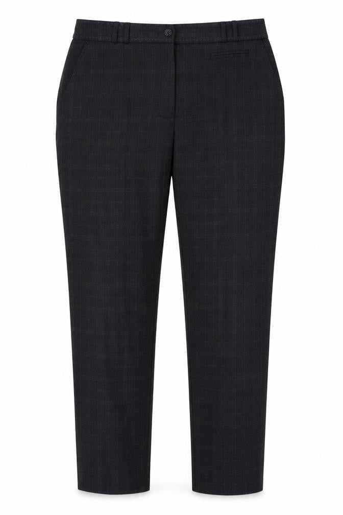 Front view of Atmosphere women’s grey check polyester trousers, size UK 12, 30-inch leg regular zip