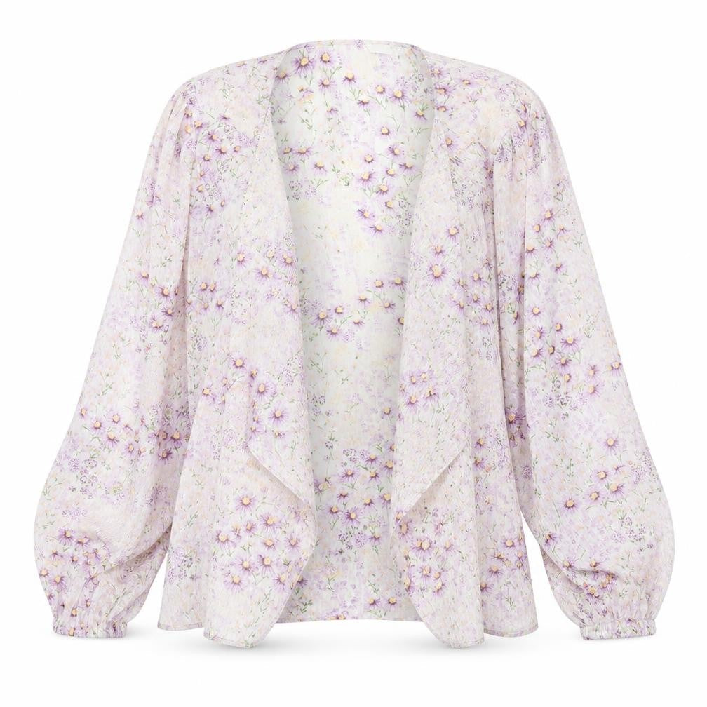 Front view of H&M women’s purple round neck floral polyester cardigan jumper, size L