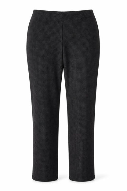 Front view of Marks & Spencer women’s grey houndstooth viscose trousers, size UK 12, 28-inch leg regular