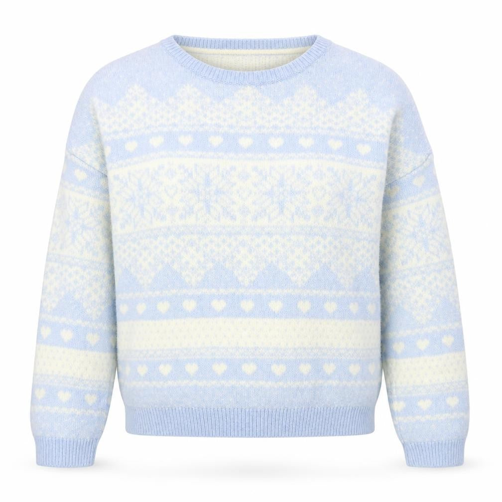 Front view of Matalan women’s blue round neck geometric acrylic jumper, size S