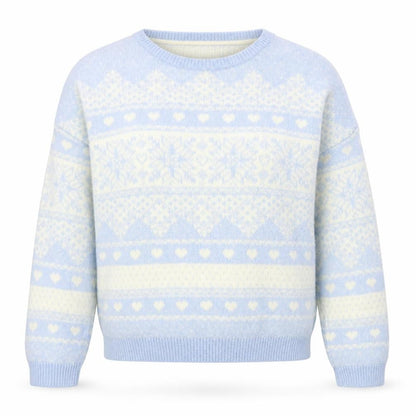 Front view of Matalan women’s blue round neck geometric acrylic jumper, size S