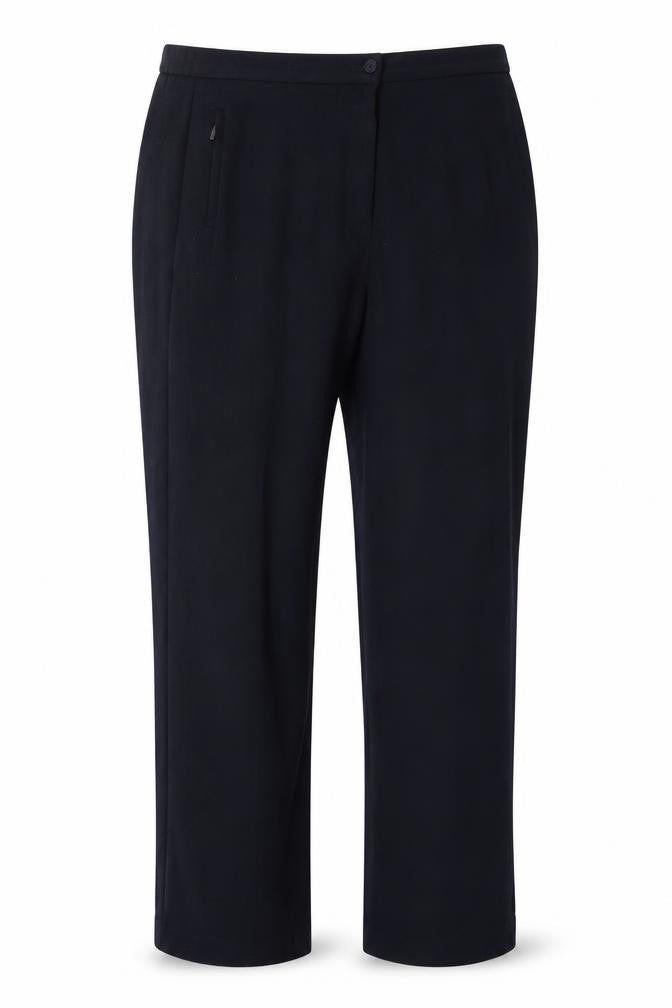 Front view of Marks & Spencer women’s blue polyester trousers, size UK 14, 28-inch leg regular hook & eye