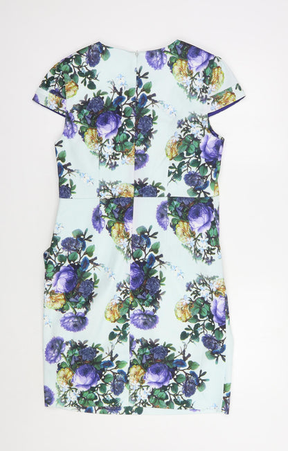 Darling Womens Blue Floral Polyester Pencil Dress  Size M  Scoop Neck Zip