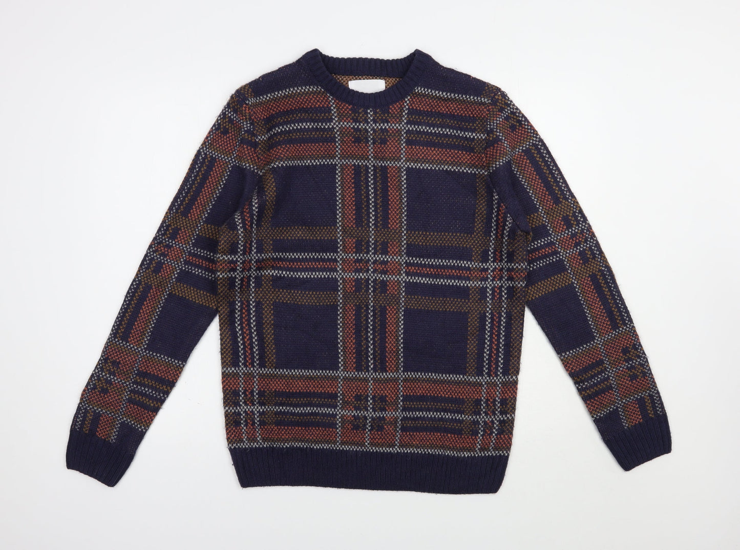 The Idle Man Mens Blue Crew Neck Plaid Acrylic Pullover Jumper Size S