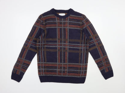 The Idle Man Mens Blue Crew Neck Plaid Acrylic Pullover Jumper Size S