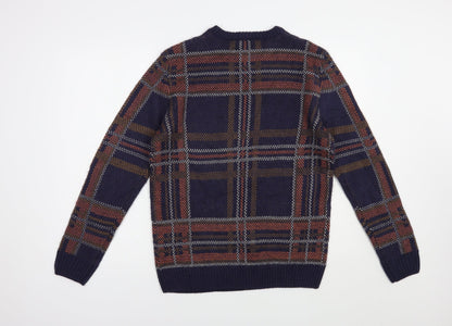 The Idle Man Mens Blue Crew Neck Plaid Acrylic Pullover Jumper Size S