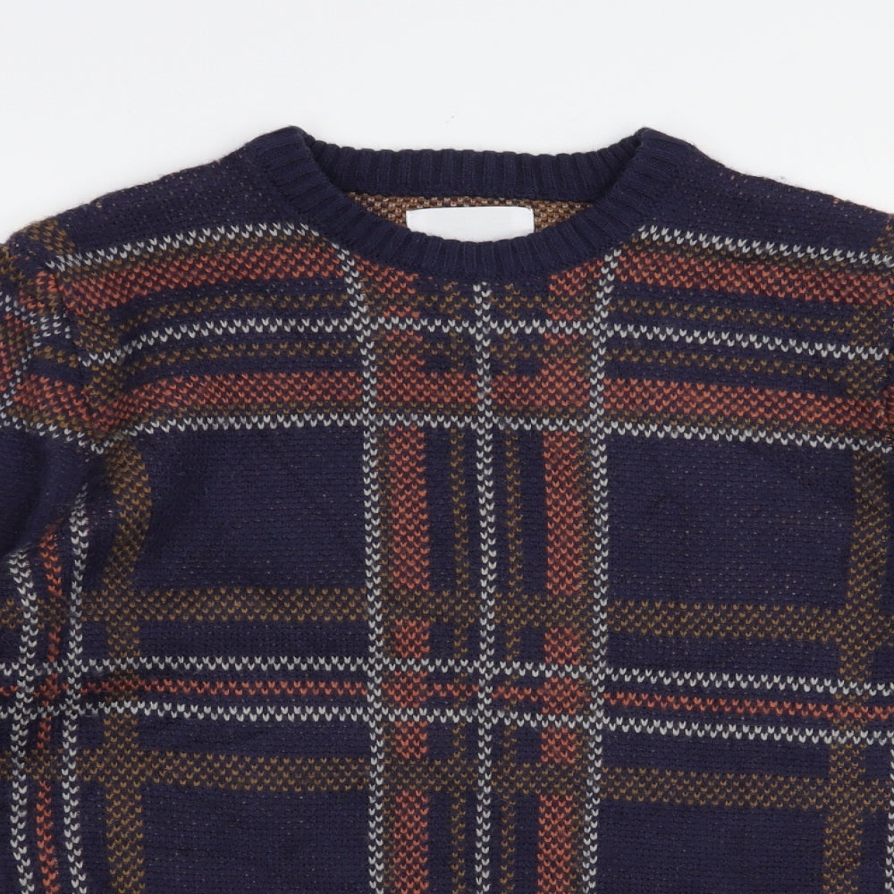 The Idle Man Mens Blue Crew Neck Plaid Acrylic Pullover Jumper Size S