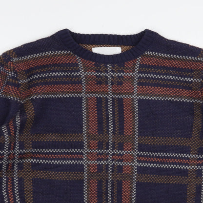 The Idle Man Mens Blue Crew Neck Plaid Acrylic Pullover Jumper Size S