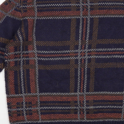 The Idle Man Mens Blue Crew Neck Plaid Acrylic Pullover Jumper Size S