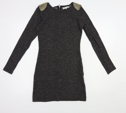 Glamor Womens Grey Boat Neck  Polyamide Tunic Jumper Size 10   - Chain Detail