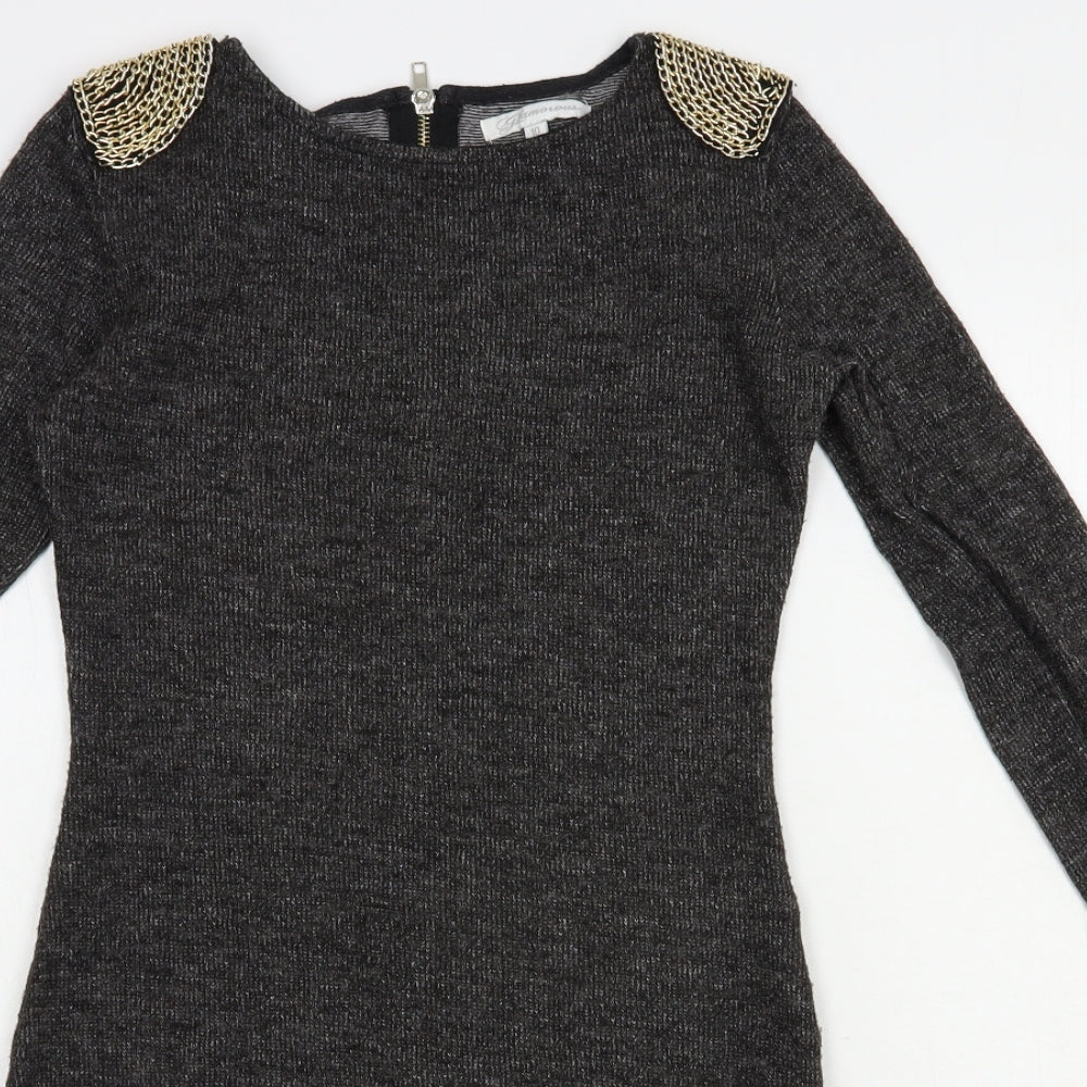 Glamor Womens Grey Boat Neck  Polyamide Tunic Jumper Size 10   - Chain Detail