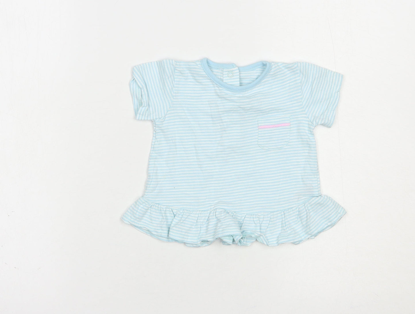 Dunnes Stores Baby Blue Striped Cotton Basic T-Shirt Size 3-6 Months Crew Neck Snap