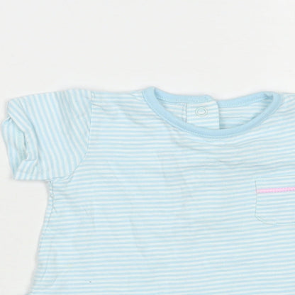 Dunnes Stores Baby Blue Striped Cotton Basic T-Shirt Size 3-6 Months Crew Neck Snap