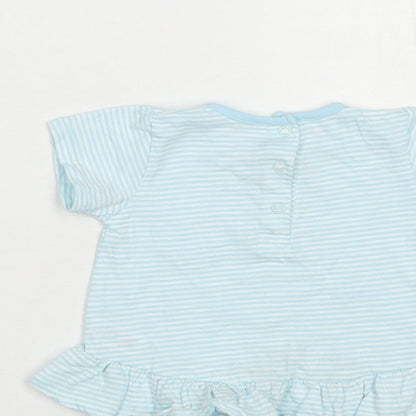 Dunnes Stores Baby Blue Striped Cotton Basic T-Shirt Size 3-6 Months Crew Neck Snap