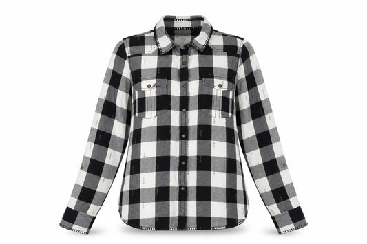 Front view of Twenty Three women’s multicoloured plaid cotton basic button-up, size XL, collared