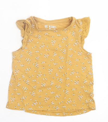 F&F Girls Yellow Floral Cotton Basic T-Shirt Size 2-3 Years Crew Neck Button