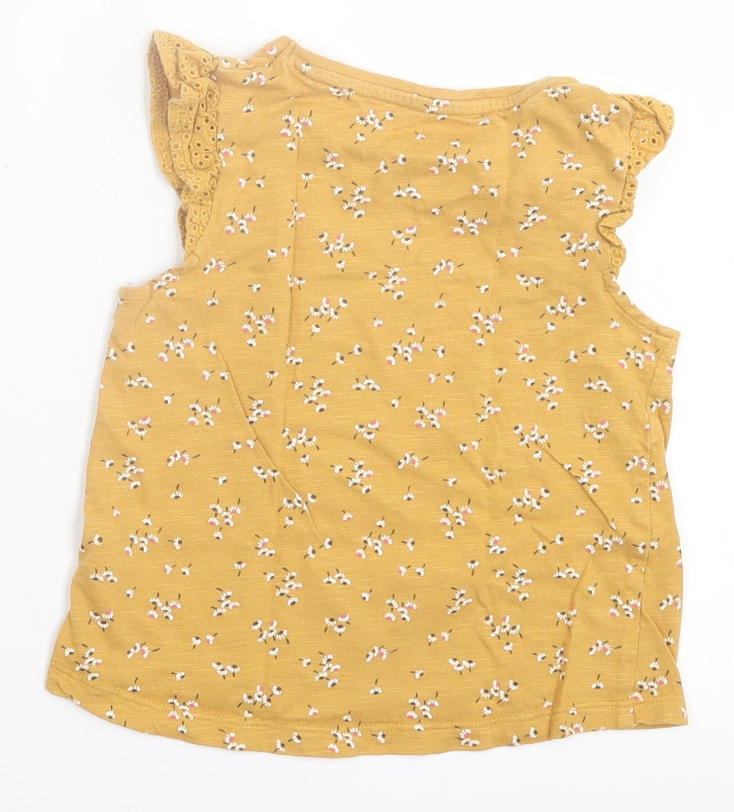 F&F Girls Yellow Floral Cotton Basic T-Shirt Size 2-3 Years Crew Neck Button