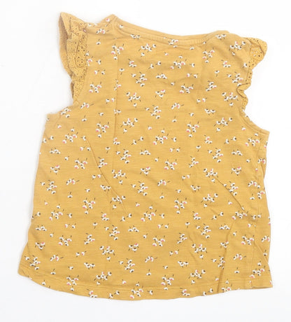F&F Girls Yellow Floral Cotton Basic T-Shirt Size 2-3 Years Crew Neck Button
