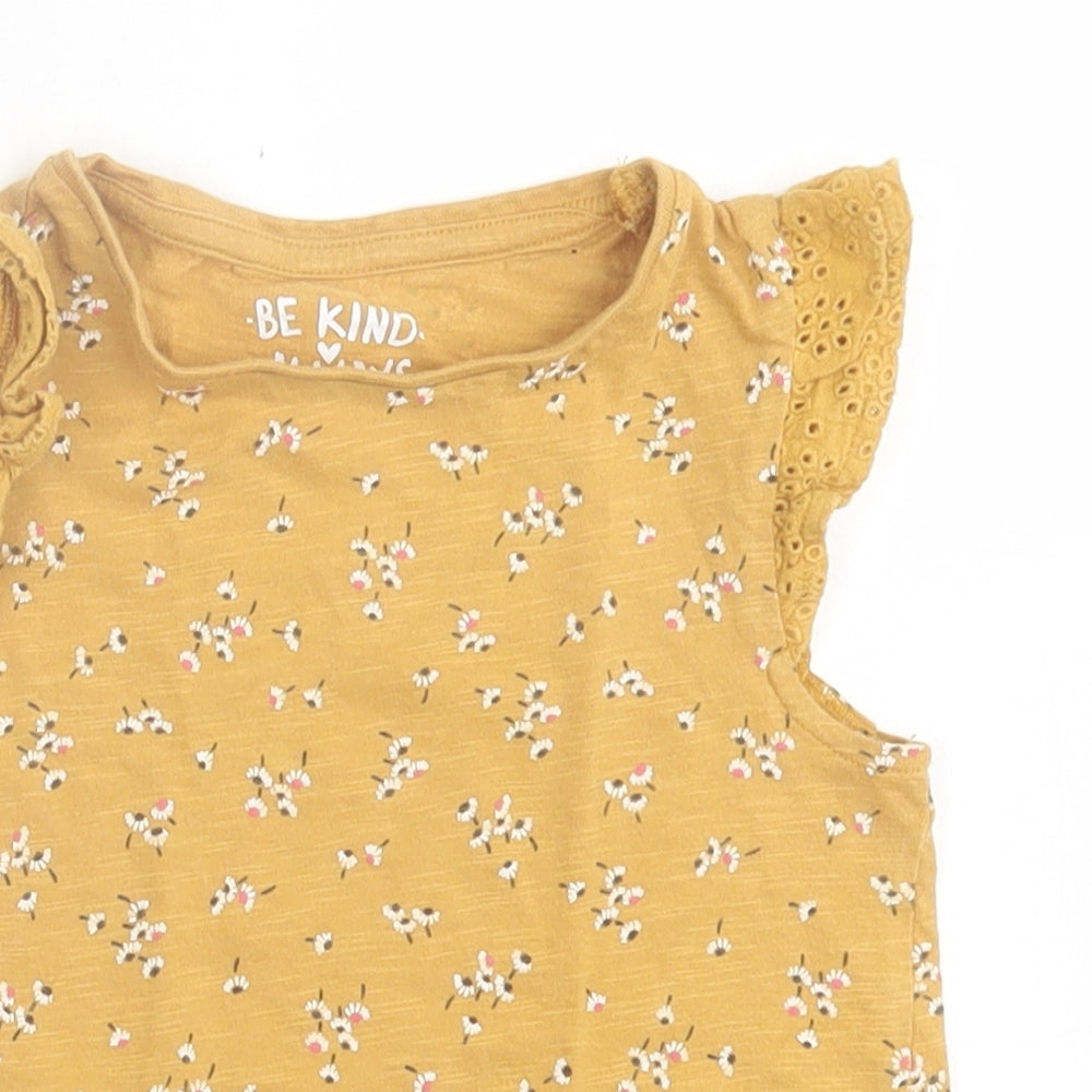 F&F Girls Yellow Floral Cotton Basic T-Shirt Size 2-3 Years Crew Neck Button
