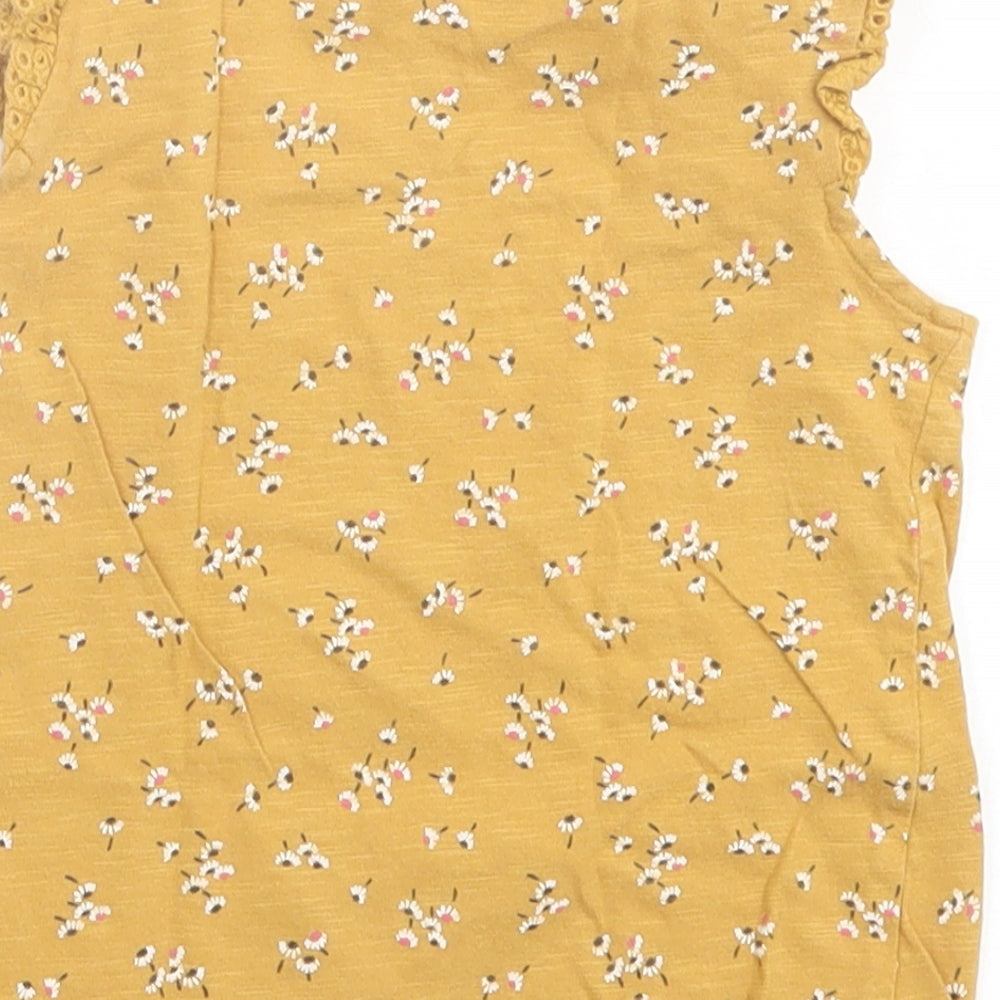 F&F Girls Yellow Floral Cotton Basic T-Shirt Size 2-3 Years Crew Neck Button