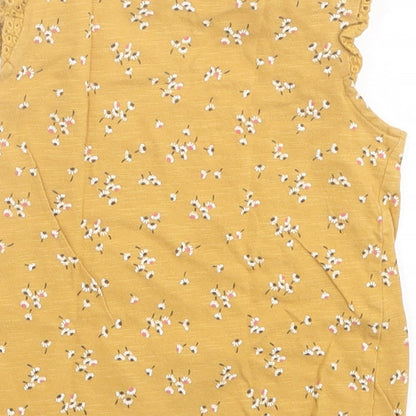 F&F Girls Yellow Floral Cotton Basic T-Shirt Size 2-3 Years Crew Neck Button