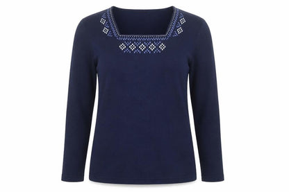 Bonmarché Womens Blue Square Neck Geometric Polyester Pullover Jumper Size S