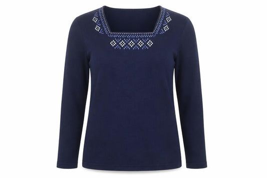 Bonmarché Womens Blue Square Neck Geometric Polyester Pullover Jumper Size S