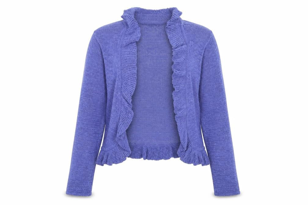 Front view of Bonmarché women’s purple round neck polyester cardigan jumper, size M