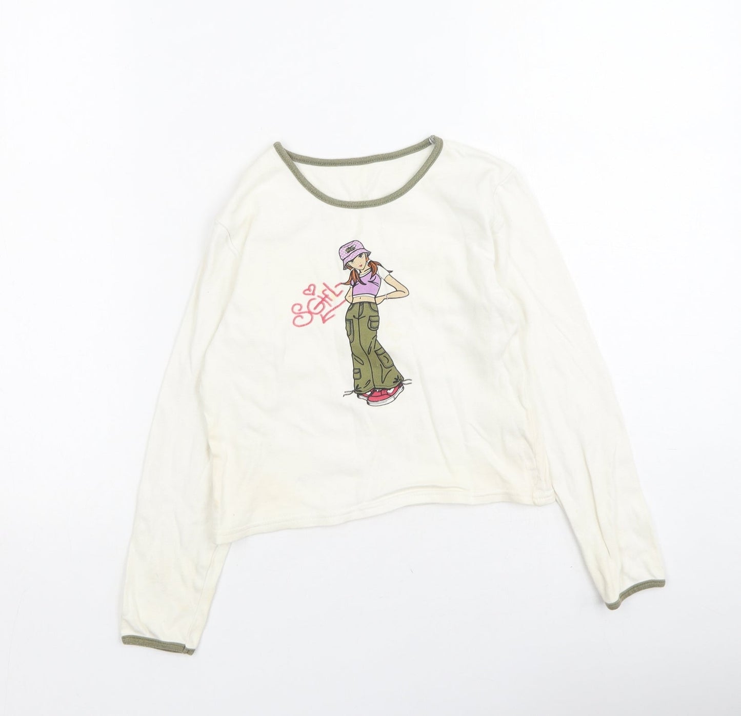 Dunnes Stores Girls Beige  Cotton Basic Casual Size 7 Years Round Neck
