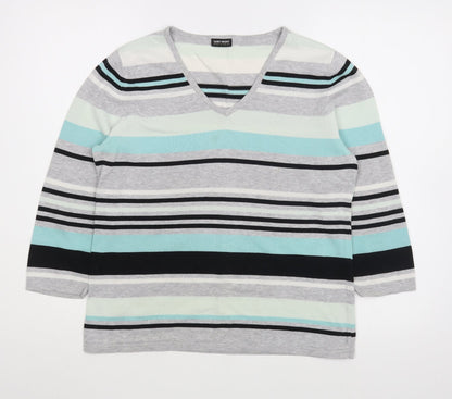 Gerry Weber Womens Grey V-Neck Striped Acrylic Pullover Jumper Size M