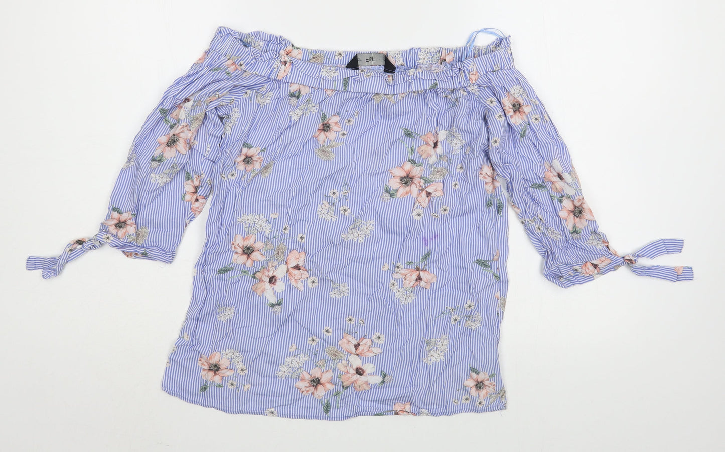 F&F Womens Blue Striped Viscose Basic Blouse Size 6 Off the Shoulder