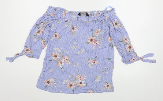 F&F Womens Blue Striped Viscose Basic Blouse Size 6 Off the Shoulder